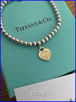 Genuine Tiffany & Co 18ct Rose Gold Heart Charm Beaded Sterling Silver bracelet