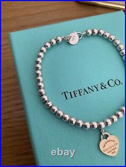 Genuine Tiffany & Co 18ct Rose Gold Heart Charm Beaded Sterling Silver bracelet