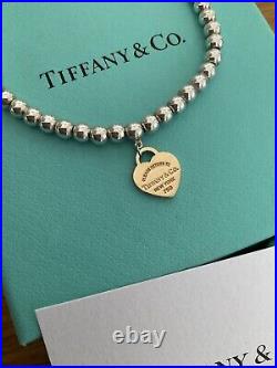 Genuine Tiffany & Co 18ct Rose Gold Heart Charm Beaded Sterling Silver bracelet