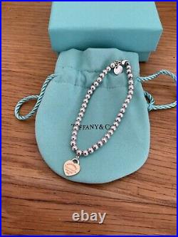 Genuine Tiffany & Co 18ct Rose Gold Heart Charm Beaded Sterling Silver bracelet