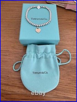 Genuine Tiffany & Co 18ct Rose Gold Heart Charm Beaded Sterling Silver bracelet