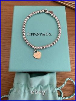 Genuine Tiffany & Co 18ct Rose Gold Heart Charm Beaded Sterling Silver bracelet