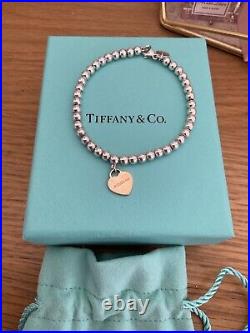 Genuine Tiffany & Co 18ct Rose Gold Heart Charm Beaded Sterling Silver bracelet