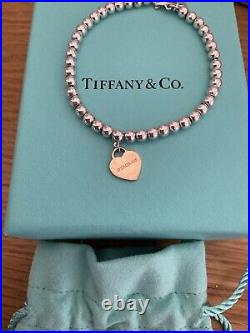 Genuine Tiffany & Co 18ct Rose Gold Heart Charm Beaded Sterling Silver bracelet