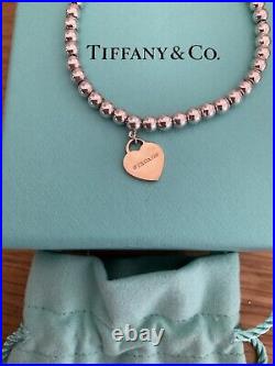 Genuine Tiffany & Co 18ct Rose Gold Heart Charm Beaded Sterling Silver bracelet