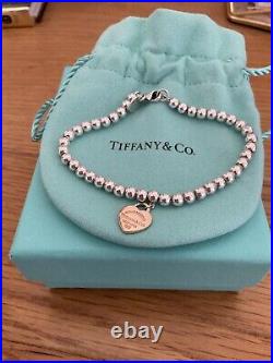 Genuine Tiffany & Co 18ct Rose Gold Heart Charm Beaded Sterling Silver bracelet