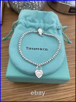 Genuine Tiffany & Co Heart Charm Padlock Beaded Sterling Silver bracelet