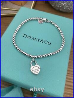 Genuine Tiffany & Co Heart Charm Padlock Beaded Sterling Silver bracelet