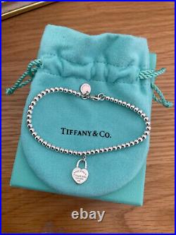 Genuine Tiffany & Co Heart Charm Padlock Beaded Sterling Silver bracelet