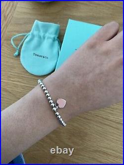 Genuine Tiffany & Co Heart Enamel Pink Charm Beaded Sterling Silver bracelet