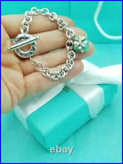 Genuine Tiffany &Co Silver Blue Enamel Bow Gift Box Charm Toggle Bracelet 7.5