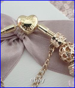 Gold Pandora Bracelet Heart Clasp. & Gold Charms with Pandora gift Box. 19 cms