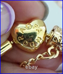 Gold Pandora Bracelet Heart Clasp. & Gold Charms with Pandora gift Box. 19 cms Gold Pandora Bracelet Heart Clasp. & Gold Charms with Pandora gift Box. 19 cms