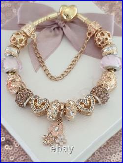 Gold Pandora Bracelet Heart Clasp. & Gold Charms with Pandora gift Box. 19 cms