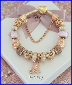 Gold Pandora Bracelet Heart Clasp. & Gold Charms with Pandora gift Box. 19 cms