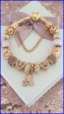 Gold Pandora Bracelet Heart Clasp. & Gold Charms with Pandora gift Box. 19 cms