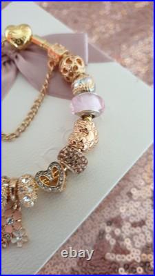 Gold Pandora Bracelet Heart Clasp. & Gold Charms with Pandora gift Box. 19 cms