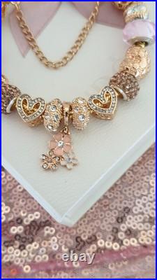 Gold Pandora Bracelet Heart Clasp. & Gold Charms with Pandora gift Box. 19 cms