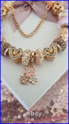 Gold Pandora Bracelet Heart Clasp. & Gold Charms with Pandora gift Box. 19 cms