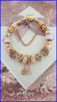 Gold Pandora Bracelet Heart Clasp. & Gold Charms with Pandora gift Box. 19 cms