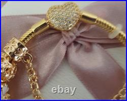 Gold Pandora Bracelet Pave Heart & Gold Charms with Pandora gift Box. 20 cms Gold Pandora Bracelet Pave Heart & Gold Charms with Pandora gift Box. 20 cms