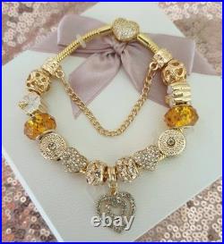 Gold Pandora Bracelet Pave Heart & Gold Charms with Pandora gift Box. 20 cms Gold Pandora Bracelet Pave Heart & Gold Charms with Pandora gift Box. 20 cms