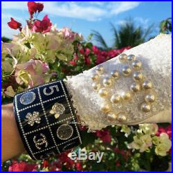 Gorgeous 14c Chanel Black Silver Charm Pearl Crystal Wide Cuff Bracelet