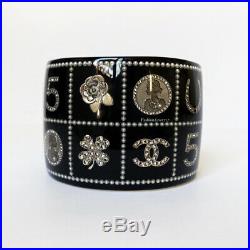 Gorgeous 14c Chanel Black Silver Charm Pearl Crystal Wide Cuff Bracelet