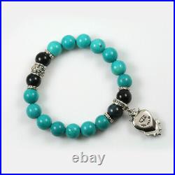 Gothic Heart Silver Charm with10mm Turquoise & Blue Tiger Eye Beaded Bracelet