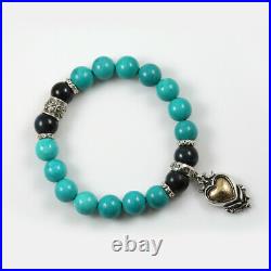 Gothic Heart Silver Charm with10mm Turquoise & Blue Tiger Eye Beaded Bracelet