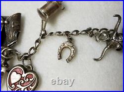 Great Antique Wild Western Sterling Silver Charm Bracelet 12 Charms Cowboy Style