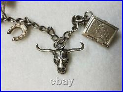 Great Antique Wild Western Sterling Silver Charm Bracelet 12 Charms Cowboy Style