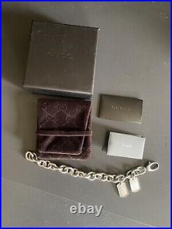 Gucci Sterling Silver Dogtag Charm Bracelet With Box Pouch