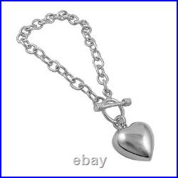 Hallmarked Puffy Heart Charm Hallmarked 925 Sterling Silver Chain Bracelet