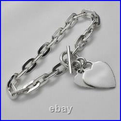 Heavy Solid 925 Silver Chain Bracelet with Heart Charms & Toggle Fastener