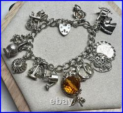 Heavy Vintage Charm Bracelet 925 Silver Large Charms & Padlock Clasp & Box 54g