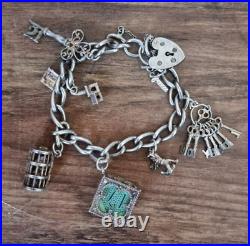 Heavy Vintage Chunky Charm Bracelet Sterling 925 Silver 39.3 grams 8 Charms