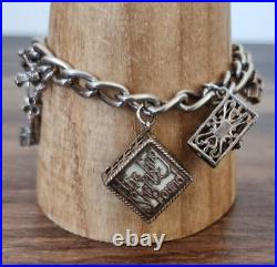 Heavy Vintage Chunky Charm Bracelet Sterling 925 Silver 39.3 grams 8 Charms