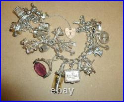 Heavy Vintage Silver Charm Bracelet Curb Link Chain 21 Charms