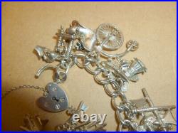 Heavy Vintage Silver Charm Bracelet Curb Link Chain 21 Charms