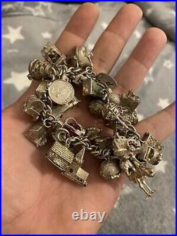 Heavy Vintage Solid Silver Charm Bracelet Brilliant Example 143.4 Grams Opening