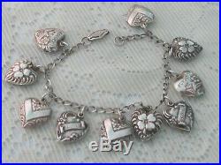 J7 Antique Estate Sterling Silver 10 Puffy Hearts Floral Charm Bracelet