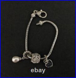 JUDITH RIPKA Sterling Silver. 925 Snake Chain Charm Bracelet with 3 Charms, 7in