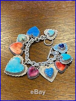 Joan Slifka Sterling Silver & Ten 10 Gemstone Hearts Charm Bracelet