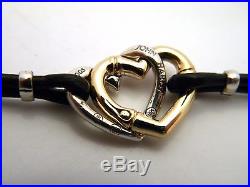 John Hardy Bamboo Silver & Gold Overlap Heart Charm Bracelet Black Leather NWT