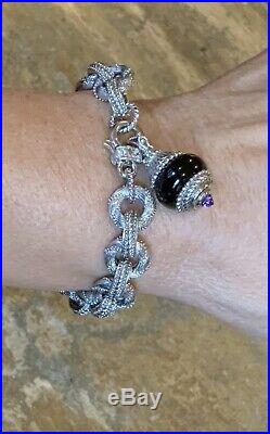 Judith Ripka 7-1/2 Sterling Silver 925 Textured Link Bracelet With Onyx Charm