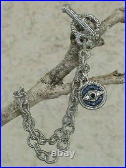 Judith Ripka Evil Eye Charm Rolo Bracelet WithSapphire Toggle Clasp Silver 6 3/4