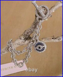 Judith Ripka Evil Eye Charm Rolo Bracelet WithSapphire Toggle Clasp Silver 6 3/4