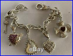 Judith Ripka Sterling Silver 5 Charm Bracelet with Garnet Cross Ruby Heart CZ Key