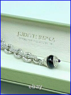 Judith Ripka Sterling Silver 925 Black Onyx Amethyst Charm Link Bracelet Signed